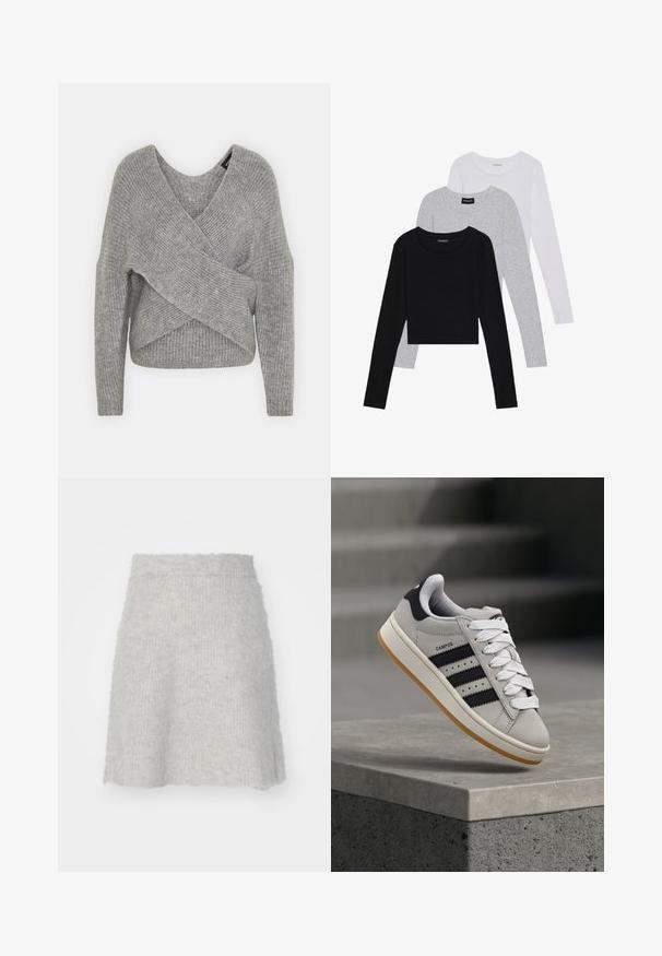 Šedý svetr s volnějším V-výstřihem, dlouhými rukávy a žebrovanou strukturou. Vyrobeno z měkké pleteniny s vrstveným, asymetrickým designem.; Tři trička s dlouhým rukávem naskládaná na sobě: černé, šedé a bílé. Každé má kulatý výstřih a kratší střih z hladkého, lehkého materiálu.; Světlé šedé pletené sukně vyrobené z měkkého materiálu, s rozšířeným tvarem a mírně texturovaným povrchem, s elastickým pasem.; adidas Originals CAMPUS 00S W - Tenisky - crystal white/core black/off white