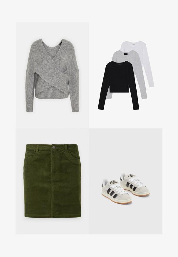 Suéter cinza envolvente com um decote em V profundo, mangas longas e textura canelada. Feito de um material de malha suave com um design assimétrico em camadas.; Três camisetas de manga longa empilhadas: preta, cinza e branca. Cada uma tem um decote redondo e um design cropped, feitas de um tecido leve e suave.; Saia de veludo côtelê verde escura com corte reto, apresentando um design de cinco bolsos e um fecho de botão metálico na cintura.; Tênis de camurça cinza com atacadores brancos, riscas pretas e uma sola de borracha branca. Apresenta um logótipo circular na língua e uma sola de borracha.