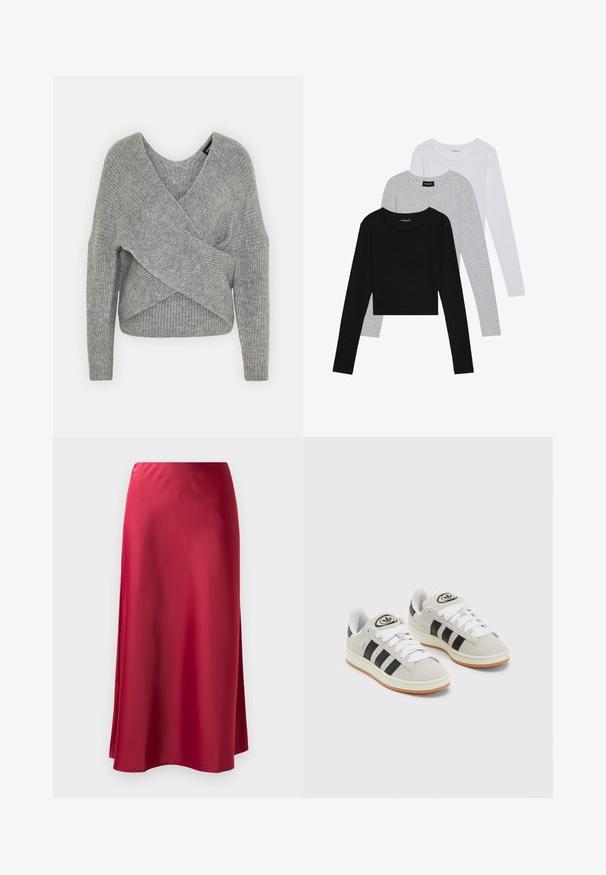 Grå omslagssweater med dyp V-hals, lange ermer og ribbestruktur. Laget av et mykt strikket materiale med et lagdelt, asymmetrisk design.; Tre lange ermer t-skjorter stablet: svart, grå og hvit. Hver har en rund hals og et kort design med glatt, lett stoff.; Rød sateng lang skjørt med en jevn tekstur, lett utsvingt fasong og sidelukning for bevegelsesfrihet. Ingen synlig maskinvare eller dekorasjoner.; Grå semsket sneakers med hvite lisser, svarte striper og en hvit gummisåle. Har en sirkulær logo på tungen og en gummisåle.