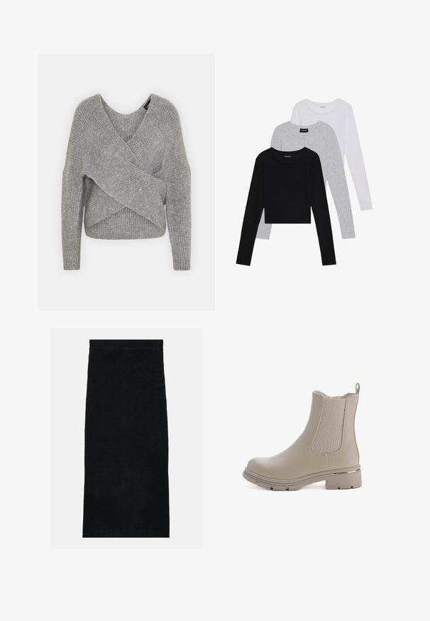 Grijze wikkeltrui met een diepe V-hals, lange mouwen en ribbelstructuur. Gemaakt van een zachte gebreide stof met een gelaagd, asymmetrisch ontwerp.; Drie langmouwige tops gestapeld: zwart, grijs en wit. Elke top heeft een ronde halslijn en een cropped ontwerp van soepel, lichtgewicht materiaal.; Zwarte badstof rok, met een zachte, gestructureerde oppervlakte en een aansluitende tailleband. Het ontwerp is eenvoudig en uniform zonder patronen of accenten.; Beige enkelboot met een gladde leren afwerking en elastische zijpanelen. Heeft een chunky zool en een gouden accent op de hak.