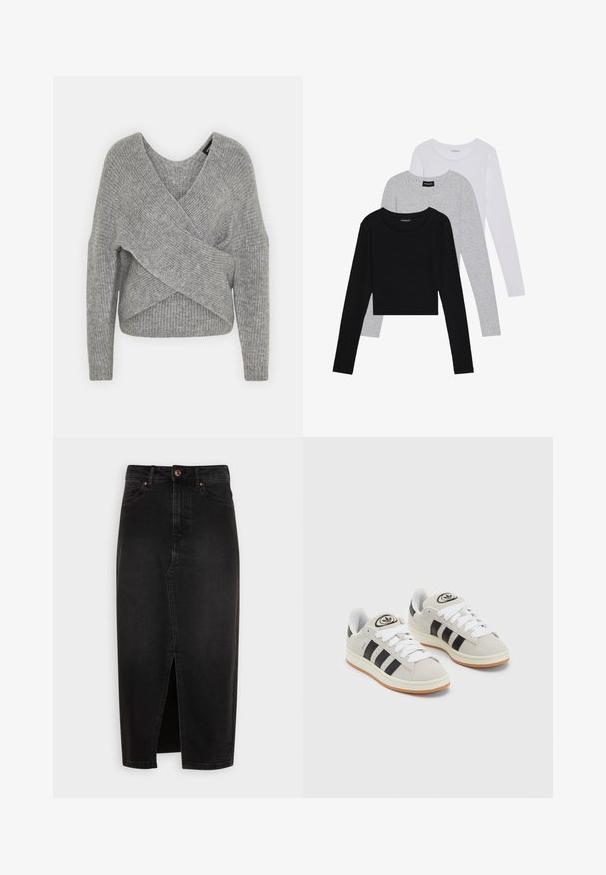 Harmaa neulejakku, jossa on syvä V-kaula-aukko, pitkät hihat ja ribboitu pinta. Valmistettu pehmeästä neuloksesta, jossa on kerroksellinen ja epäsymmetrinen muotoilu.; Kolme pitkähihasta paita päällekkäin: musta, harmaa ja valkoinen. Jokaisessa on pyöreä pääntie ja lyhennetty muotoilu, jossa on sileä ja kevyt kangas.; Musta farkkusati, polvenpituinen, jossa on etusauma, tavallinen vyötärö ja kuparinsävyiset napit. Silkkinen rakenne, klassinen muotoilu.; Harmaat mokkasiinikenkä, joissa on valkoiset nauhat, mustat raidat ja valkoinen kumipohja. Kantajassa on pyöreä logo ja vaaleanruskea pohja.