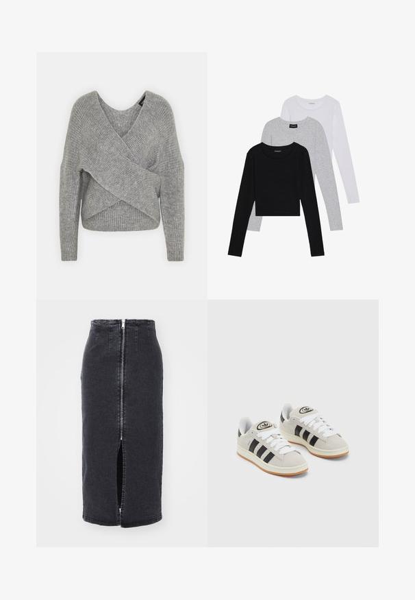 Szürke, mély V kivágású, hosszú ujjú kötött pulóver, bordás textúrával. Puha kötött anyagból készült, réteges, aszimmetrikus dizájnnal.; Három hosszú ujjú póló egymásra rakva: fekete, szürke és fehér. Mindegyiknek kerek nyaka van, és rövidített fazonnal rendelkezik, sima, könnyű anyagból készült.; Fekete farmer midi szoknya középső cipzárral, elülső hasítékkal és gondosan varrt derékkal, diszkrét hátsó részlettel.; Szürke velúr sportcipők fehér fűzővel, fekete csíkokkal és fehér gumitalppal. A nyelvén kör alakú logó található, illetve a talpa színes gumi.