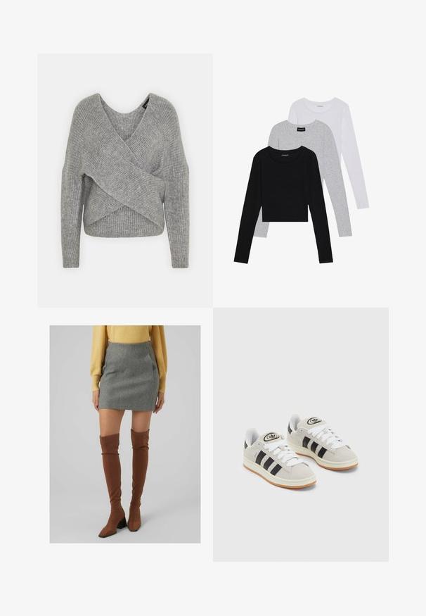 Suéter gris envolvente con un profundo escote en V, mangas largas y textura acanalada. Fabricado con un material de punto suave y un diseño asimétrico en capas.; Tres camisetas de manga larga apiladas: negra, gris y blanca. Cada una tiene un escote redondo y un diseño recortado con una tela suave y ligera.; Minifalda de lana gris combinada con botas de tacón marrón hasta la rodilla; textura suave, forma ajustada y elementos de diseño angulares.; Zapatillas de ante gris con cordones blancos, rayas negras y suela de goma blanca. Presentan un logo circular en la lengüeta y una suela de goma.