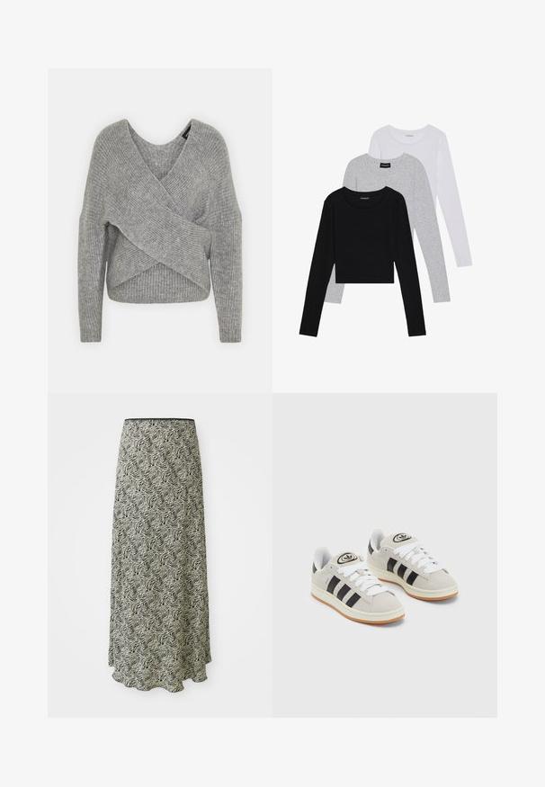 Grau umwickelter Pullover mit tiefem V-Ausschnitt, langen Ärmeln und gerippter Textur. Hergestellt aus einem weichen Strickmaterial mit einem geschichteten, asymmetrischen Design.; Drei langärmelige Oberteile gestapelt: schwarz, grau und weiß. Jedes hat einen runden Halsausschnitt und ein kurzes Design aus glattem, leichtem Stoff.; Schwarzer und cremefarbener Midirock mit wellenförmigem Muster, glatter Textur und gewelltem Saum; aus leichtem Stoff gefertigt.; Graue Wildledersneaker mit weißen Schnürsenkeln, schwarzen Streifen und einer weißen Gummisohle. Merkmale sind ein kreisförmiges Logo auf der Zunge und eine Gummisohle.
