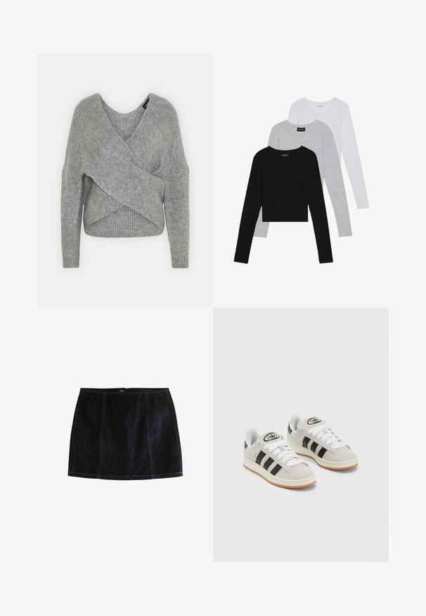 Szürke, mély V kivágású, hosszú ujjú kötött pulóver, bordás textúrával. Puha kötött anyagból készült, réteges, aszimmetrikus dizájnnal.; Három hosszú ujjú póló egymásra rakva: fekete, szürke és fehér. Mindegyiknek kerek nyaka van, és rövidített fazonnal rendelkezik, sima, könnyű anyagból készült.; Sötét farmer mini szoknya, kontrasztos sárga varrással, testhezálló fazonnal és cipzáras záródással. Klasszikus öt zseb elrendezés.; Szürke velúr sportcipők fehér fűzővel, fekete csíkokkal és fehér gumitalppal. A nyelvén kör alakú logó található, illetve a talpa színes gumi.