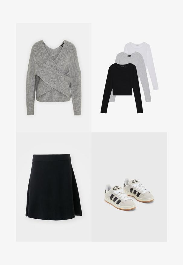 Suéter cinza envolvente com um decote em V profundo, mangas longas e textura canelada. Feito de um material de malha suave com um design assimétrico em camadas.; Três camisetas de manga longa empilhadas: preta, cinza e branca. Cada uma tem um decote redondo e um design cropped, feitas de um tecido leve e suave.; Saia preta em linha A com uma textura suave e uma ligeira evasé, apresentando uma cintura e sem fechos ou padrões visíveis.; Tênis de camurça cinza com atacadores brancos, riscas pretas e uma sola de borracha branca. Apresenta um logótipo circular na língua e uma sola de borracha.