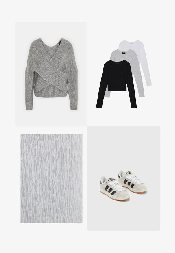 Gray wrap sweater with a deep V-neck, long sleeves, and ribbed texture. Made from a soft knit material with a layered, asymmetrical design.; Three long-sleeve tops stacked: black, grey, and white. Each has a round neckline and a cropped design with smooth, lightweight fabric.; White textured fabric with a rippled pattern, featuring vertical lines of varying thickness, creating a wavy appearance throughout.; Gray suede sneakers with white laces, black stripes, and a white rubber sole. Features a circular logo on the tongue and a gum sole.