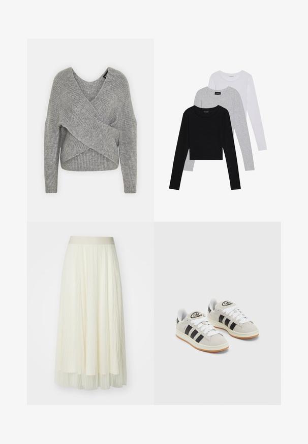 Grå omslagssweater med dyp V-hals, lange ermer og ribbestruktur. Laget av et mykt strikket materiale med et lagdelt, asymmetrisk design.; Tre lange ermer t-skjorter stablet: svart, grå og hvit. Hver har en rund hals og et kort design med glatt, lett stoff.; Plissett midiskjørt i lys krem med bred elastisk liv; gjennomsiktig tekstur med subtile vertikale linjer, flytende design og lagdelt finish.; Grå semsket sneakers med hvite lisser, svarte striper og en hvit gummisåle. Har en sirkulær logo på tungen og en gummisåle.