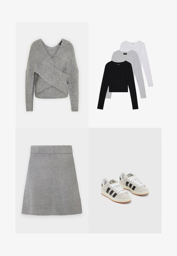 Grijze wikkeltrui met een diepe V-hals, lange mouwen en ribbelstructuur. Gemaakt van een zachte gebreide stof met een gelaagd, asymmetrisch ontwerp.; Drie langmouwige tops gestapeld: zwart, grijs en wit. Elke top heeft een ronde halslijn en een cropped ontwerp van soepel, lichtgewicht materiaal.; Grijze gebreide A-lijn rok met een brede tailleband en een zachte textuur, tentoongesteld tegen een witte achtergrond.; Grijze nubucklederen sneakers met witte veters, zwarte strepen en een witte rubberen zool. Bevat een rond logo op de tong en een gumzool.