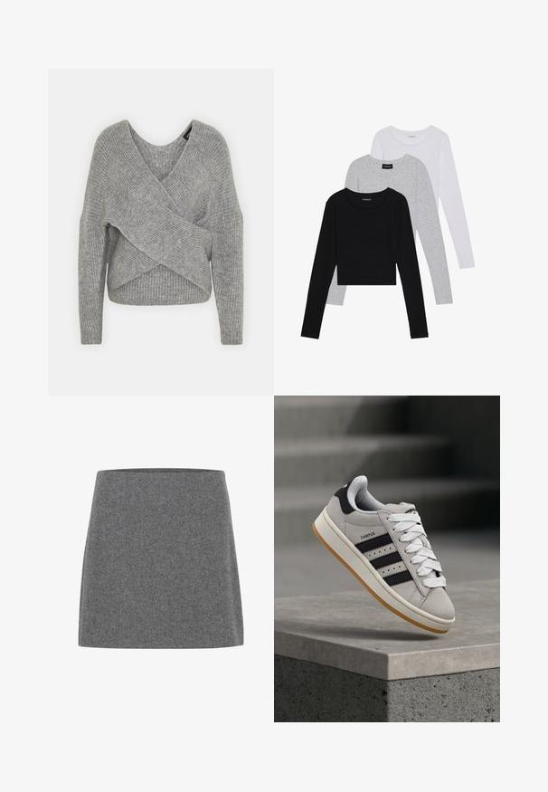 Pull en gris avec un col en V profond, des manches longues et une texture côtelée. Fabriqué en matériau tricoté doux avec un design asymétrique superposé.; Trois hauts à manches longues empilés : noir, gris et blanc. Chacun a un col rond et un design court avec un tissu lisse et léger.; Une mini-jupe en feutre gris avec une coupe droite et une texture lisse, dotée d'une large ceinture et sans coutures ni embellissements visibles.; Baskets Adidas Campus grises avec des rayures noires et des lacets blancs flottant au-dessus d'un rebord en béton avec des escaliers en arrière-plan.