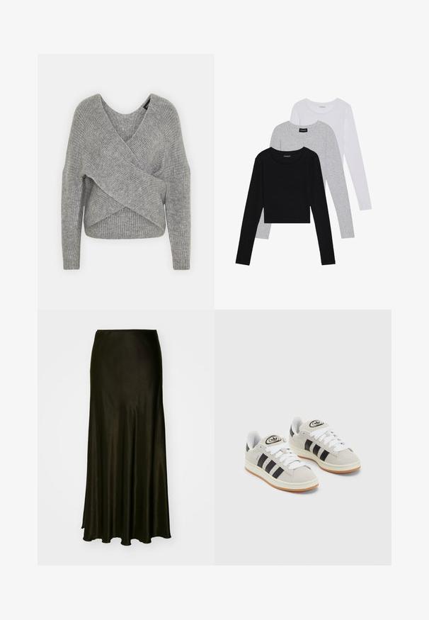 Szürke, mély V kivágású, hosszú ujjú kötött pulóver, bordás textúrával. Puha kötött anyagból készült, réteges, aszimmetrikus dizájnnal.; Három hosszú ujjú póló egymásra rakva: fekete, szürke és fehér. Mindegyiknek kerek nyaka van, és rövidített fazonnal rendelkezik, sima, könnyű anyagból készült.; Sötétzöld selyem anyagú maxi szoknya; sima textura, bővülő fazon, puha aljjal, minimalista stílusban, további díszítések nélkül.; Szürke velúr sportcipők fehér fűzővel, fekete csíkokkal és fehér gumitalppal. A nyelvén kör alakú logó található, illetve a talpa színes gumi.