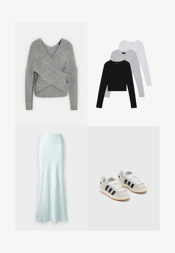 Pullover griș cu un decolteu adânc în V, mâneci lungi și textură cu ochiuri. Fabricat dintr-un material tricotat moale, cu un design stratificat și asimetric.; Trei bluze cu mânecă lungă așezate: neagră, gri și albă. Fiecare are un guler rotund și un design scurt, realizat dintr-un material fin și ușor.; Fustă maxi din satin de culoare albastru deschis, cu o textură netedă, tiv evazat și o talie ajustată. Proiectată pentru a crea o siluetă fluidă.; Adidași din suede gri cu șireți albi, dungi negre și talpă din cauciuc alb. Prezintă un logo circular pe limbă și o talpă din cauciuc.