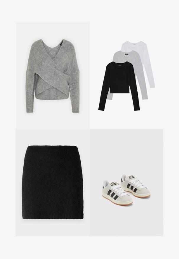 Suéter cinza envolvente com um decote em V profundo, mangas longas e textura canelada. Feito de um material de malha suave com um design assimétrico em camadas.; Três camisetas de manga longa empilhadas: preta, cinza e branca. Cada uma tem um decote redondo e um design cropped, feitas de um tecido leve e suave.; Saia mini preta de lã com uma superfície texturizada, silhueta ajustada e um cós com nervuras. Sem hardware ou padrões adicionais.; Tênis de camurça cinza com atacadores brancos, riscas pretas e uma sola de borracha branca. Apresenta um logótipo circular na língua e uma sola de borracha.