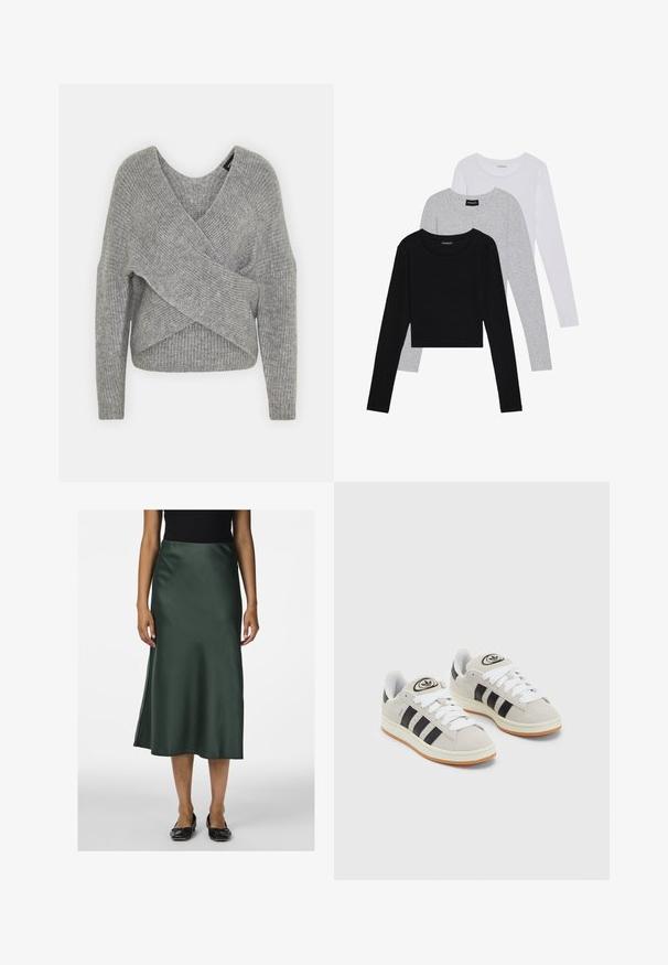Szary sweter o luźnym kroju z głębokim dekoltem w kształcie litery V, długimi rękawami i prążkowaną teksturą. Wykonany z miękkiego materiału dzianinowego z warstwowym, asymetrycznym wzorem.; Trzy bluzki z długim rękawem ułożone jedna na drugiej: czarna, szara i biała. Każda z okrągłym dekoltem i skróconym fasonem, wykonana z gładkiego, lekkiego materiału.; Sukienka midi z satynowego materiału w kolorze zielonym, o gładkiej fakturze, lekko rozszerzanym dole i bocznym rozcięciu, zestawiona z czarnymi płaskimi butami.; Szare zamszowe trampki z białymi sznurówkami, czarnymi paskami i białą gumową podeszwą. Posiadają okrągłe logo na języku oraz gumową podeszwę.