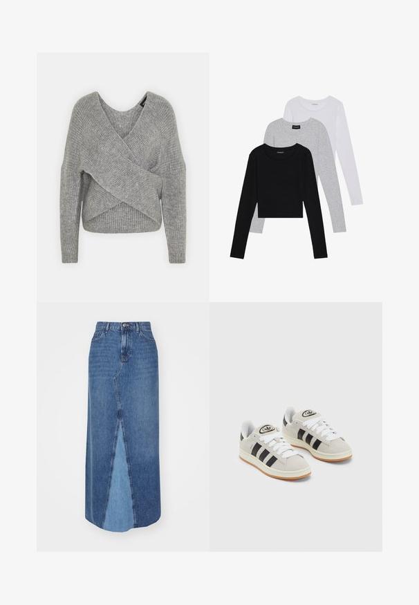 Siva ovitek pulover z globokim V-izrezom, dolgimi rokavi in ribasto teksturo. Narejen iz mehke pletene tkanine z plastnim, asimetričnim dizajnom.; Tri dolga rokava zložena: črna, siva in bela. Vsaka ima okroglo izreznico in skrajšan dizajn z gladkim, lahkotnim materialom.; Denim maxi krilo z visokim pasom, sprednjim razporkom in barvno blokiranim dizajnom s temnejšimi in svetlejšimi odtenki modre.; Sive športne čevlje iz semiša z belimi vezalkami, črnimi črtami in belim gumijastim podplatom. Imajo okroglo oznako na ježku in podplat iz gume.