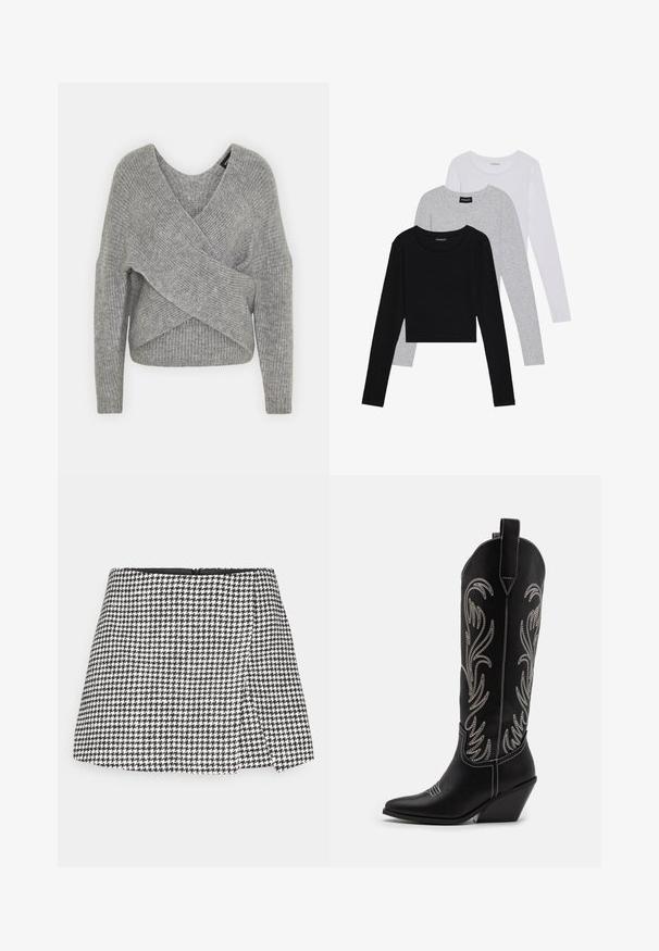Maglione avvolgente grigio con scollatura a V profonda, maniche lunghe e texture a coste. Realizzato in un morbido materiale in maglia con un design asimmetrico a strati.; Tre magliette a maniche lunghe impilate: nera, grigia e bianca. Ognuna ha un colletto rotondo e un design accorciato con tessuto morbido e leggero.; Gonna mini in bianco e nero a motivo houndstooth con taglio dritto, chiusura con zip laterale e tessuto strutturato. Fodera interna nera semplice.; Stivali da cowboy in pelle nera con punte affusolate, tacchi a zoccolo e motivi floreali ricamati in argento lungo il gambale. Cuciture a contrasto in tutto lo stivale.