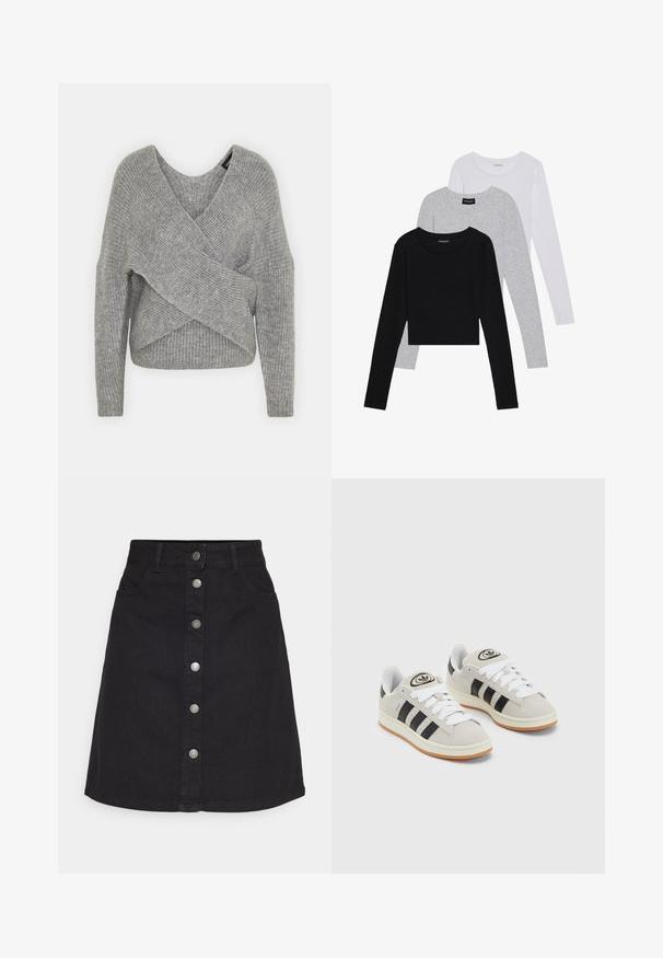 Grau umwickelter Pullover mit tiefem V-Ausschnitt, langen Ärmeln und gerippter Textur. Hergestellt aus einem weichen Strickmaterial mit einem geschichteten, asymmetrischen Design.; Drei langärmelige Oberteile gestapelt: schwarz, grau und weiß. Jedes hat einen runden Halsausschnitt und ein kurzes Design aus glattem, leichtem Stoff.; Schwarzer Jeansrock mit vertikaler Knopfverschluss und fünf Taschen. Hat ein gerades Design und einen geraden Saum, aus robuster Baumwollstoff gefertigt.; Graue Wildledersneaker mit weißen Schnürsenkeln, schwarzen Streifen und einer weißen Gummisohle. Merkmale sind ein kreisförmiges Logo auf der Zunge und eine Gummisohle.
