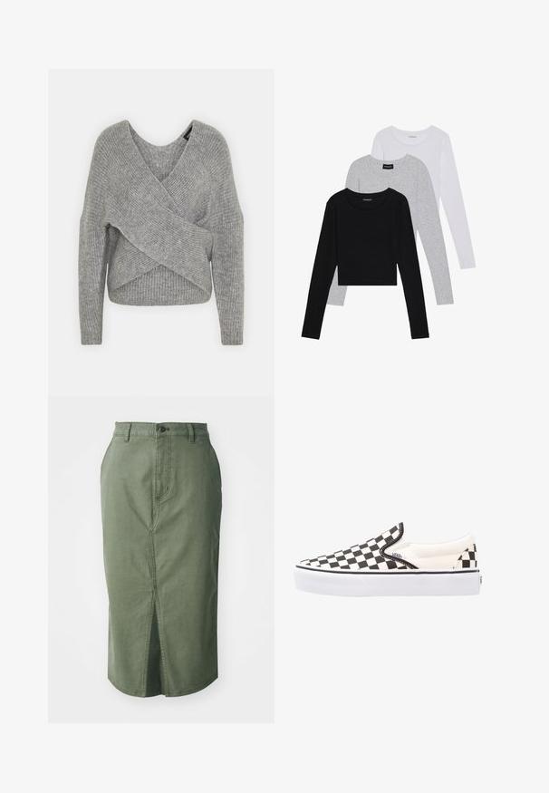 Pullover griș cu un decolteu adânc în V, mâneci lungi și textură cu ochiuri. Fabricat dintr-un material tricotat moale, cu un design stratificat și asimetric.; Trei bluze cu mânecă lungă așezate: neagră, gri și albă. Fiecare are un guler rotund și un design scurt, realizat dintr-un material fin și ușor.; Fustă din denim verde măsliniu cu o lungime medie, slit frontal, talie tradițională cu închidere prin buton și detalii cusute de-a lungul cusăturilor.; Adidași slip-on Vans în carouri alb-negru, cu un exterior din pânză, talpă din cauciuc și guler căptușit. Vârf plat, rotund, cu accente albe pe talpă.