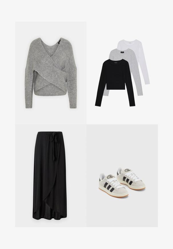 Grå omslagssweater med dyp V-hals, lange ermer og ribbestruktur. Laget av et mykt strikket materiale med et lagdelt, asymmetrisk design.; Tre lange ermer t-skjorter stablet: svart, grå og hvit. Hver har en rund hals og et kort design med glatt, lett stoff.; Svart maxiskjørt laget av lett stoff, med en omslagsdesign, justerbar midjebånd, og en flytende silhuett med avrundet kant.; Grå semsket sneakers med hvite lisser, svarte striper og en hvit gummisåle. Har en sirkulær logo på tungen og en gummisåle.