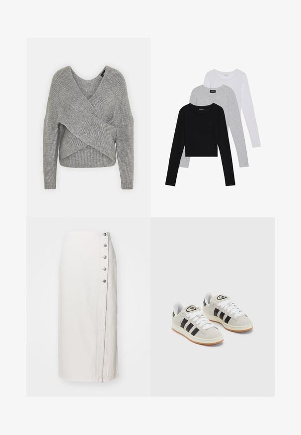 Sivý cardigan s hlbokým V- výstrihom, dlhými rukávmi a rebrovanou textúrou. Vyrobený z mäkkého pleteného materiálu s viacvrstvovým, asymetrickým dizajnom.; Tričko s dlhým rukávom v troch farbách: čiernej, sivej a bielej. Každé má okrúhly výstrih a skrátený strih vyrobený z hladkej, ľahkej tkaniny.; Biele džínsová midi sukňa so zapínaním na boku, ktorá má päť kovových gombíkov a rovný strih. Hladká textúra, ležérny dizajn.; Sivé semišové tenisky s bielymi šnúrkami, čiernymi pruhmi a bielou gumovou podrážkou. Obsahujú okrúhly logo na jazyku a gumenú podrážku.