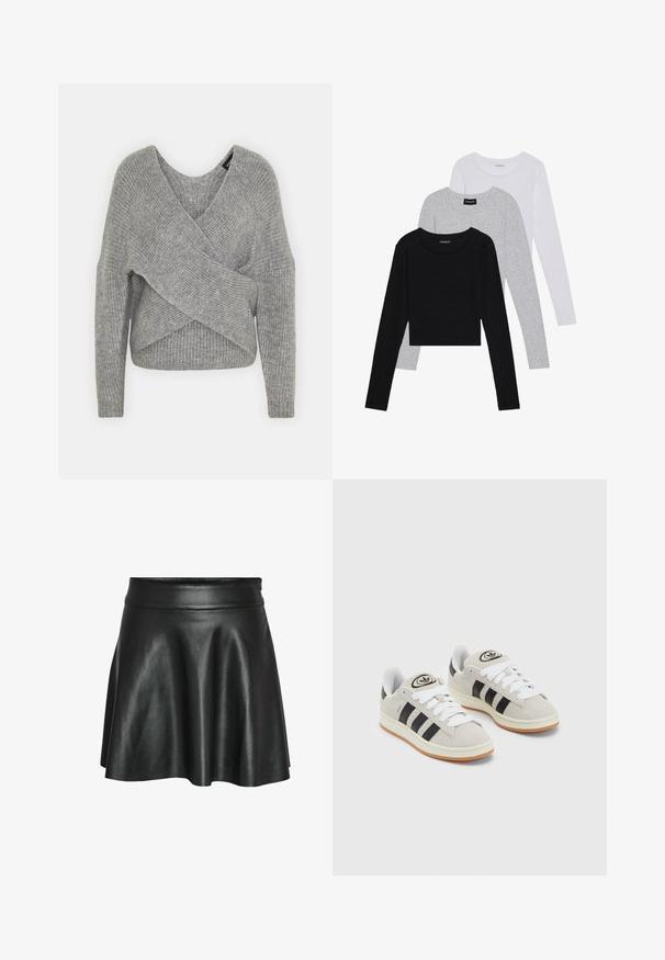 Szürke, mély V kivágású, hosszú ujjú kötött pulóver, bordás textúrával. Puha kötött anyagból készült, réteges, aszimmetrikus dizájnnal.; Három hosszú ujjú póló egymásra rakva: fekete, szürke és fehér. Mindegyiknek kerek nyaka van, és rövidített fazonnal rendelkezik, sima, könnyű anyagból készült.; Fekete műbőr szoknya, A-vonalú, szokatlan bővüléssel, sima, fényes textúrával és testhezálló derékrésszel.; Szürke velúr sportcipők fehér fűzővel, fekete csíkokkal és fehér gumitalppal. A nyelvén kör alakú logó található, illetve a talpa színes gumi.