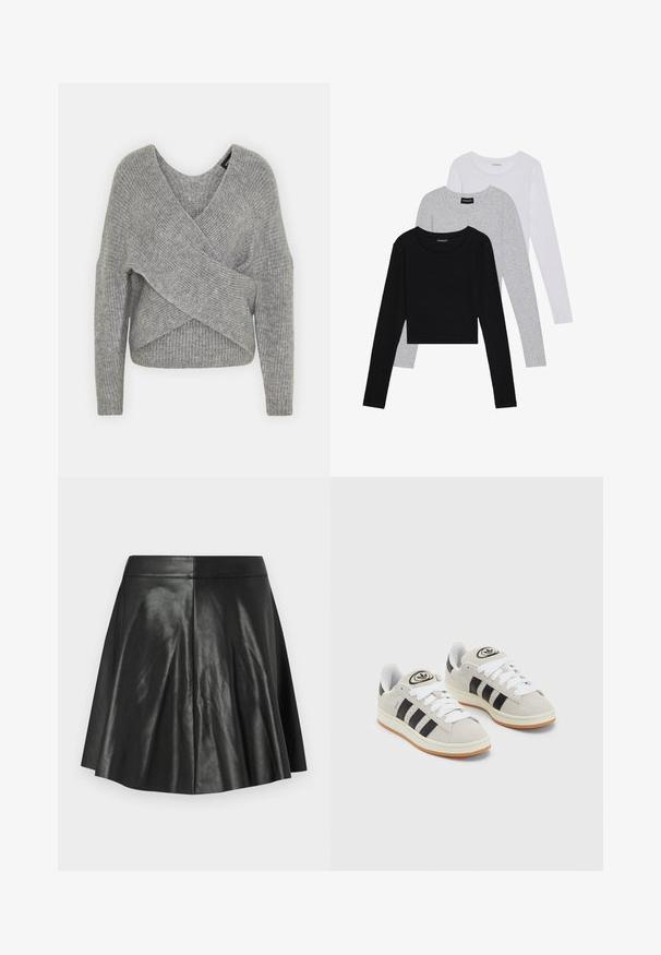 Grau umwickelter Pullover mit tiefem V-Ausschnitt, langen Ärmeln und gerippter Textur. Hergestellt aus einem weichen Strickmaterial mit einem geschichteten, asymmetrischen Design.; Drei langärmelige Oberteile gestapelt: schwarz, grau und weiß. Jedes hat einen runden Halsausschnitt und ein kurzes Design aus glattem, leichtem Stoff.; Schwarzer ausgestellter Rock aus Kunstleder mit Nahtdetails und einem taillierten Bund auf einem schlichten hellen Hintergrund.; Graue Wildledersneaker mit weißen Schnürsenkeln, schwarzen Streifen und einer weißen Gummisohle. Merkmale sind ein kreisförmiges Logo auf der Zunge und eine Gummisohle.