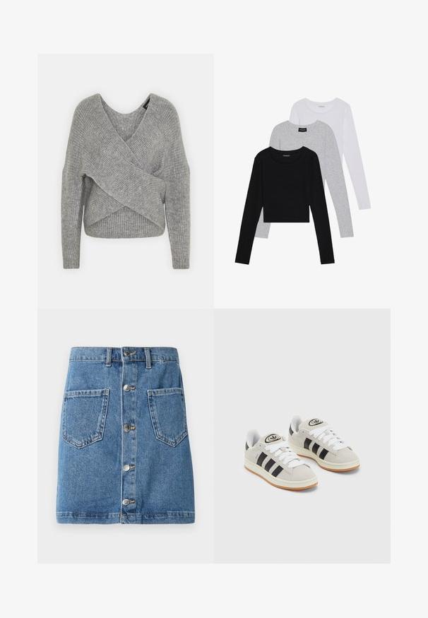 Szürke, mély V kivágású, hosszú ujjú kötött pulóver, bordás textúrával. Puha kötött anyagból készült, réteges, aszimmetrikus dizájnnal.; Három hosszú ujjú póló egymásra rakva: fekete, szürke és fehér. Mindegyiknek kerek nyaka van, és rövidített fazonnal rendelkezik, sima, könnyű anyagból készült.; Világoskék árnyalatú farmer szoknya, elöl gombos zárással, két rakott zsebbel és egyenes szabással. Az anyag klasszikus textúrával rendelkezik.; Szürke velúr sportcipők fehér fűzővel, fekete csíkokkal és fehér gumitalppal. A nyelvén kör alakú logó található, illetve a talpa színes gumi.