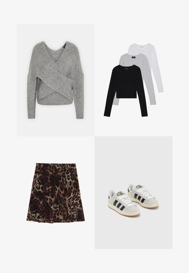 Gray wrap sweater with a deep V-neck, long sleeves, and ribbed texture. Made from a soft knit material with a layered, asymmetrical design.; Three long-sleeve tops stacked: black, grey, and white. Each has a round neckline and a cropped design with smooth, lightweight fabric.; Leopard print midi skirt with a pleated design, featuring a tan base color with dark brown and black spots. Elastic waistband for fit.; Gray suede sneakers with white laces, black stripes, and a white rubber sole. Features a circular logo on the tongue and a gum sole.