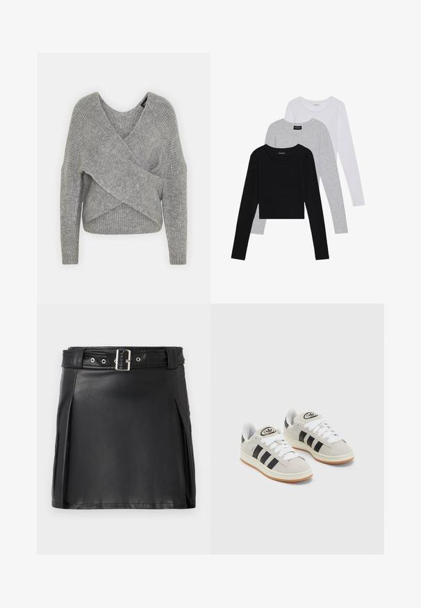 Grå omslagströja med djup V-ringning, långa ärmar och ribbad struktur. Tillverkad av ett mjukt stickat material med en lager-på-lager, asymmetrisk design.; Tre långärmade tröjor staplade: svart, grå och vit. Var och en har en rund halsringning och en kort design med mjukt, lätt material.; Svart fusk läder mini kjol med en figurnära design, sidofållar och ett bälte med silverfärgad spänne och öglor. Slät textur, hög midja.; Grå mocka sneakers med vita snören, svarta ränder och en vit gummisula. Har en rund logo på tungan och en gummisula.
