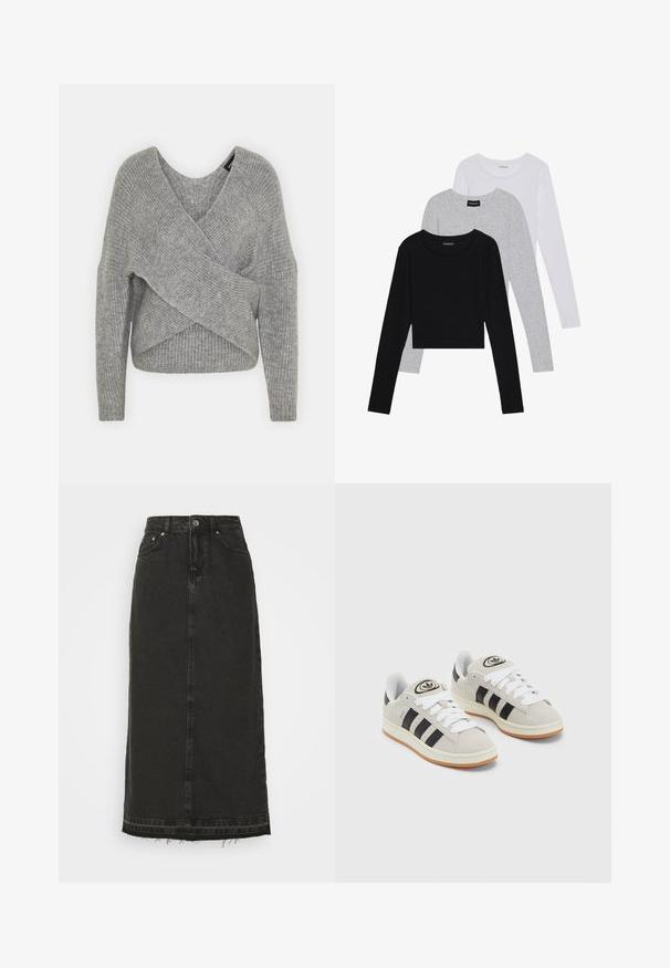 Siva ovitek pulover z globokim V-izrezom, dolgimi rokavi in ribasto teksturo. Narejen iz mehke pletene tkanine z plastnim, asimetričnim dizajnom.; Tri dolga rokava zložena: črna, siva in bela. Vsaka ima okroglo izreznico in skrajšan dizajn z gladkim, lahkotnim materialom.; Črna denim midi krila z oprijetim pasom, sprednjim gumbnim zapiranjem in razfrkanim robom. Ima klasičen dizajn s petimi žepi in rahlo teksturo.; Sive športne čevlje iz semiša z belimi vezalkami, črnimi črtami in belim gumijastim podplatom. Imajo okroglo oznako na ježku in podplat iz gume.