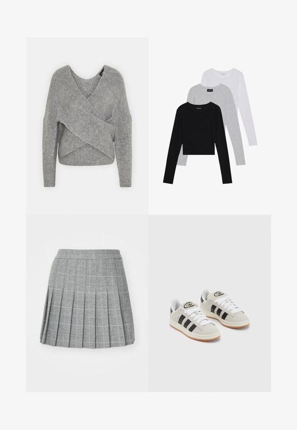 Szürke, mély V kivágású, hosszú ujjú kötött pulóver, bordás textúrával. Puha kötött anyagból készült, réteges, aszimmetrikus dizájnnal.; Három hosszú ujjú póló egymásra rakva: fekete, szürke és fehér. Mindegyiknek kerek nyaka van, és rövidített fazonnal rendelkezik, sima, könnyű anyagból készült.; Szürke kockás pliszírozott szoknya, strukturált derékkal, sötét és világos árnyalatokkal mintázva. Sima textúra, térd hosszúságú kivitel.; Szürke velúr sportcipők fehér fűzővel, fekete csíkokkal és fehér gumitalppal. A nyelvén kör alakú logó található, illetve a talpa színes gumi.