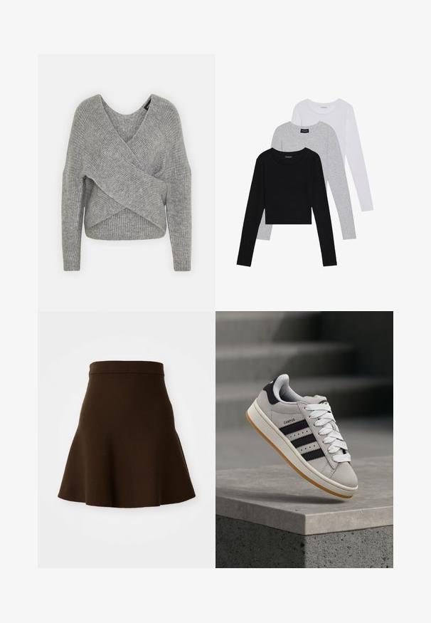 Suéter gris envolvente con un profundo escote en V, mangas largas y textura acanalada. Fabricado con un material de punto suave y un diseño asimétrico en capas.; Tres camisetas de manga larga apiladas: negra, gris y blanca. Cada una tiene un escote redondo y un diseño recortado con una tela suave y ligera.; Falda marrón acampanada hecha de una tela suave con una textura lisa. Presenta una cinturilla ajustada y un diseño hasta la rodilla, sin patrones visibles.; Zapatilla Adidas Campus gris con rayas negras y cordones blancos flotando sobre un borde de hormigón con escaleras al fondo.