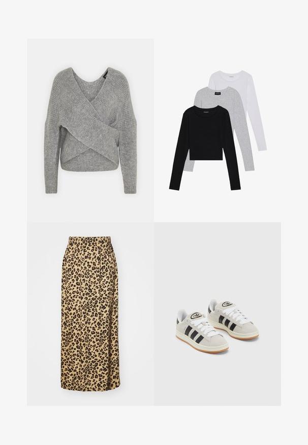 Grå omslagssweater med dyp V-hals, lange ermer og ribbestruktur. Laget av et mykt strikket materiale med et lagdelt, asymmetrisk design.; Tre lange ermer t-skjorter stablet: svart, grå og hvit. Hver har en rund hals og et kort design med glatt, lett stoff.; Leopardmønstret, beige stoffskjørt, hel lengde, med elastisk midjebånd, med en glatt tekstur og plisserte detaljer.; Grå semsket sneakers med hvite lisser, svarte striper og en hvit gummisåle. Har en sirkulær logo på tungen og en gummisåle.