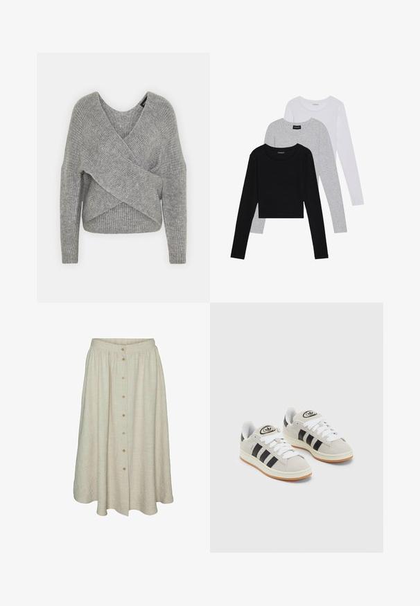 Grau umwickelter Pullover mit tiefem V-Ausschnitt, langen Ärmeln und gerippter Textur. Hergestellt aus einem weichen Strickmaterial mit einem geschichteten, asymmetrischen Design.; Drei langärmelige Oberteile gestapelt: schwarz, grau und weiß. Jedes hat einen runden Halsausschnitt und ein kurzes Design aus glattem, leichtem Stoff.; Beige knielange Rock aus strukturiertem Stoff mit Knopfleiste, elastischem Bund und fließendem Design.; Graue Wildledersneaker mit weißen Schnürsenkeln, schwarzen Streifen und einer weißen Gummisohle. Merkmale sind ein kreisförmiges Logo auf der Zunge und eine Gummisohle.