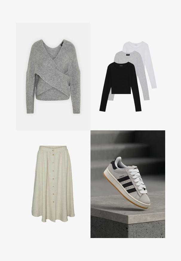 Grau umwickelter Pullover mit tiefem V-Ausschnitt, langen Ärmeln und gerippter Textur. Hergestellt aus einem weichen Strickmaterial mit einem geschichteten, asymmetrischen Design.; Drei langärmelige Oberteile gestapelt: schwarz, grau und weiß. Jedes hat einen runden Halsausschnitt und ein kurzes Design aus glattem, leichtem Stoff.; Beige knielange Rock aus strukturiertem Stoff mit Knopfleiste, elastischem Bund und fließendem Design.; Grauer Adidas Campus Sneaker mit schwarzen Streifen und weißen Schnürsenkeln, der über einer Betonmauer schwebt, mit Treppen im Hintergrund.