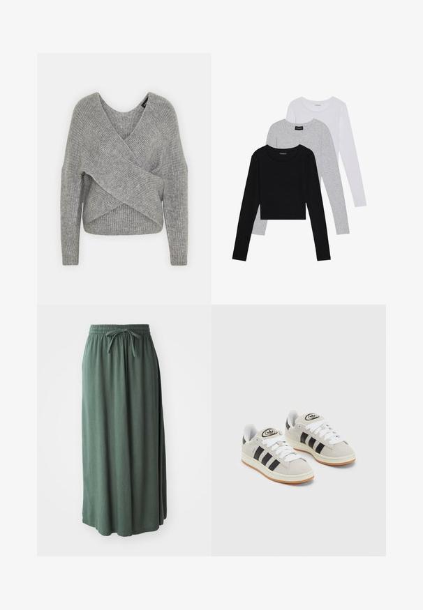Szürke, mély V kivágású, hosszú ujjú kötött pulóver, bordás textúrával. Puha kötött anyagból készült, réteges, aszimmetrikus dizájnnal.; Három hosszú ujjú póló egymásra rakva: fekete, szürke és fehér. Mindegyiknek kerek nyaka van, és rövidített fazonnal rendelkezik, sima, könnyű anyagból készült.; Zöld, középhosszú szoknya puha anyagból, rugalmas derékkal és állítható zsinórral; sima textúra és egyszerű dizájn.; Szürke velúr sportcipők fehér fűzővel, fekete csíkokkal és fehér gumitalppal. A nyelvén kör alakú logó található, illetve a talpa színes gumi.