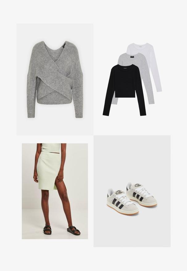 Szary sweter o luźnym kroju z głębokim dekoltem w kształcie litery V, długimi rękawami i prążkowaną teksturą. Wykonany z miękkiego materiału dzianinowego z warstwowym, asymetrycznym wzorem.; Trzy bluzki z długim rękawem ułożone jedna na drugiej: czarna, szara i biała. Każda z okrągłym dekoltem i skróconym fasonem, wykonana z gładkiego, lekkiego materiału.; Jasnozielona spódnica z prążkowanego dzianiny z rozporkiem do ud, w połączeniu z czarnymi klapkami. Prosty, dopasowany krój podkreśla fakturę i kolor.; Szare zamszowe trampki z białymi sznurówkami, czarnymi paskami i białą gumową podeszwą. Posiadają okrągłe logo na języku oraz gumową podeszwę.