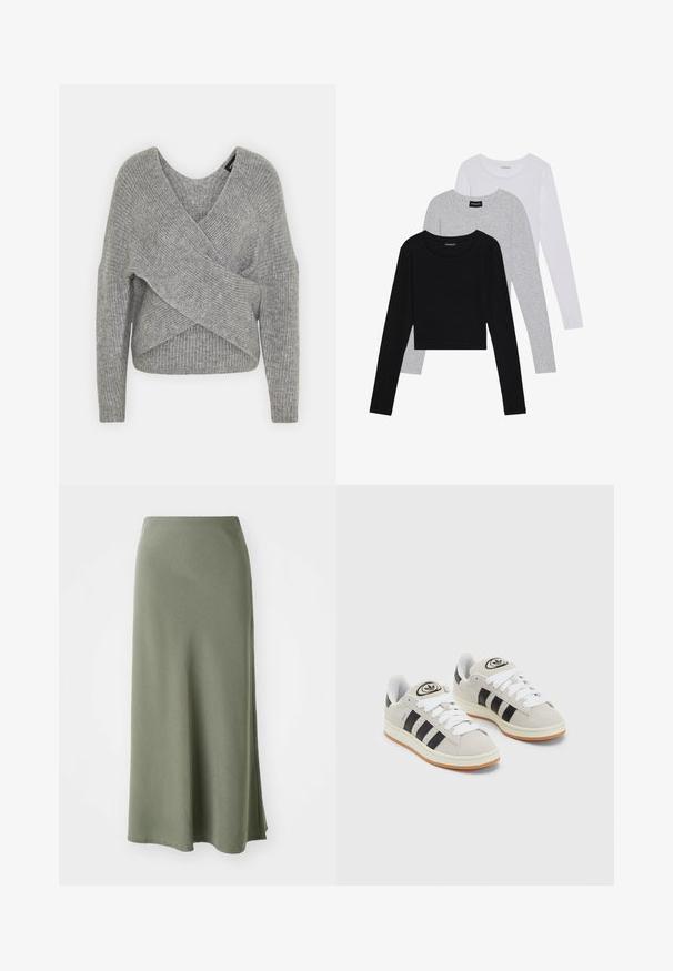 Szürke, mély V kivágású, hosszú ujjú kötött pulóver, bordás textúrával. Puha kötött anyagból készült, réteges, aszimmetrikus dizájnnal.; Három hosszú ujjú póló egymásra rakva: fekete, szürke és fehér. Mindegyiknek kerek nyaka van, és rövidített fazonnal rendelkezik, sima, könnyű anyagból készült.; Olíva zöld, térd hosszúságú szoknya, puha anyagból, sima textúrával és bővülő fazonnal, oldalsó réslánccal a könnyű mozgás érdekében.; Szürke velúr sportcipők fehér fűzővel, fekete csíkokkal és fehér gumitalppal. A nyelvén kör alakú logó található, illetve a talpa színes gumi.