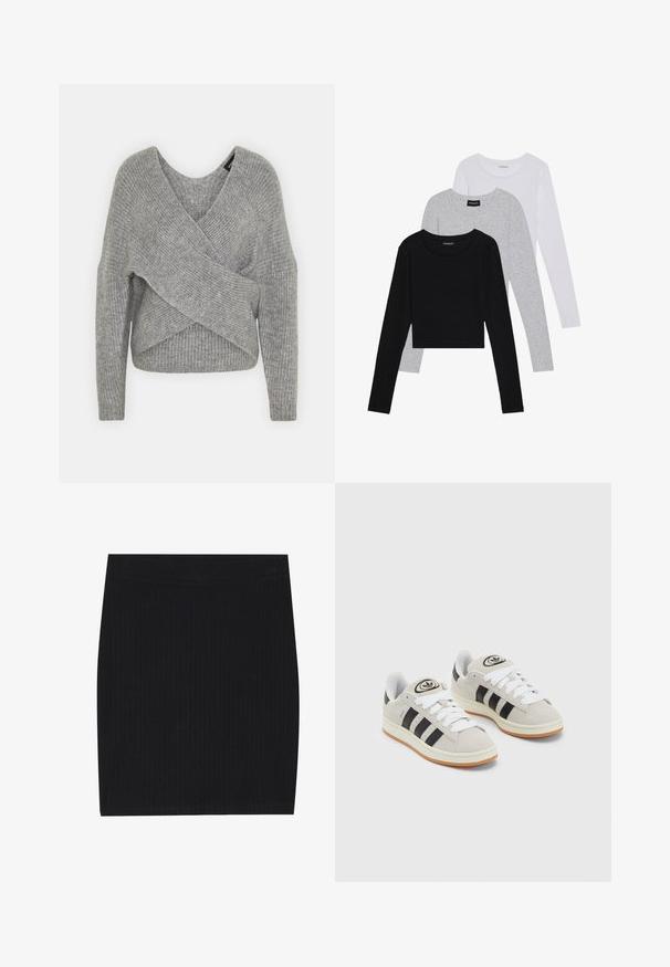 Siva ovitek pulover z globokim V-izrezom, dolgimi rokavi in ribasto teksturo. Narejen iz mehke pletene tkanine z plastnim, asimetričnim dizajnom.; Tri dolga rokava zložena: črna, siva in bela. Vsaka ima okroglo izreznico in skrajšan dizajn z gladkim, lahkotnim materialom.; Črna rebrasta pletena mini krilo z oprijeto zasnovo, gladko teksturo in elastičnim pasom za udobje.; Sive športne čevlje iz semiša z belimi vezalkami, črnimi črtami in belim gumijastim podplatom. Imajo okroglo oznako na ježku in podplat iz gume.