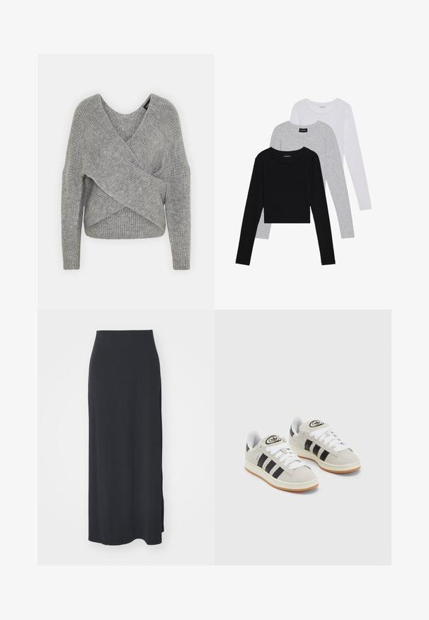 Pull en gris avec un col en V profond, des manches longues et une texture côtelée. Fabriqué en matériau tricoté doux avec un design asymétrique superposé.; Trois hauts à manches longues empilés : noir, gris et blanc. Chacun a un col rond et un design court avec un tissu lisse et léger.; Weekday SIGNE DRAPY SKIRT - Jupe trapèze - black; Baskets en suède gris avec des lacets blancs, des rayures noires et une semelle en caoutchouc blanc. Présentent un logo circulaire sur la languette et une semelle en gomme.