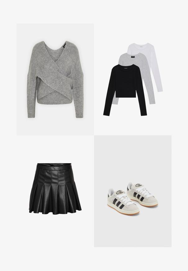 Pullover griș cu un decolteu adânc în V, mâneci lungi și textură cu ochiuri. Fabricat dintr-un material tricotat moale, cu un design stratificat și asimetric.; Trei bluze cu mânecă lungă așezate: neagră, gri și albă. Fiecare are un guler rotund și un design scurt, realizat dintr-un material fin și ușor.; Fustă plisată neagră din piele ecologică, cu talie conică și tiv amplu. Textură netedă, cu un finisaj lucios și elegant.; Adidași din suede gri cu șireți albi, dungi negre și talpă din cauciuc alb. Prezintă un logo circular pe limbă și o talpă din cauciuc.