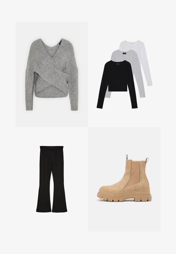 Maglione avvolgente grigio con scollatura a V profonda, maniche lunghe e texture a coste. Realizzato in un morbido materiale in maglia con un design asimmetrico a strati.; Tre magliette a maniche lunghe impilate: nera, grigia e bianca. Ognuna ha un colletto rotondo e un design accorciato con tessuto morbido e leggero.; Leggings a zampa nera realizzati in un tessuto elasticizzato. Presentano una vita alta e una superficie liscia, con una silhouette aderente che si ampia all'orlo.; Stivaletti alla caviglia in suede marrone, dotati di pannelli elastici sui lati, una suola in gomma spessa con battistrada e linguette per una facile calzata.