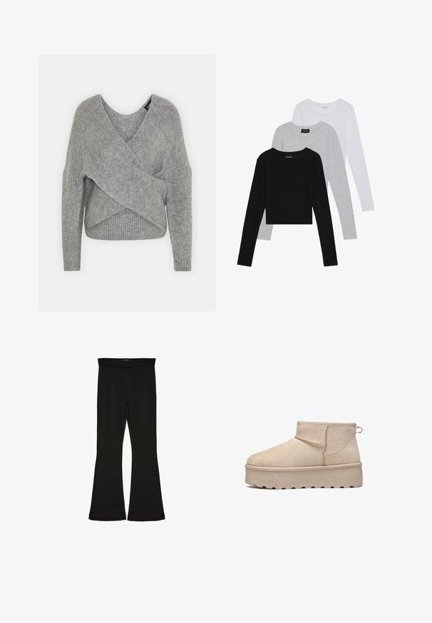 Grau umwickelter Pullover mit tiefem V-Ausschnitt, langen Ärmeln und gerippter Textur. Hergestellt aus einem weichen Strickmaterial mit einem geschichteten, asymmetrischen Design.; Drei langärmelige Oberteile gestapelt: schwarz, grau und weiß. Jedes hat einen runden Halsausschnitt und ein kurzes Design aus glattem, leichtem Stoff.; Schwarze Schlagleggings aus dehnbarem Stoff. Sie verfügen über einen breiten Bund und eine glatte Textur, mit einer enganliegenden Silhouette, die am Saum ausgestellt ist.; Elara Snowboot/Winterstiefel - beige