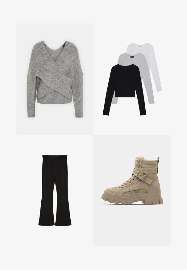 Gray wrap sweater with a deep V-neck, long sleeves, and ribbed texture. Made from a soft knit material with a layered, asymmetrical design.; Three long-sleeve tops stacked: black, grey, and white. Each has a round neckline and a cropped design with smooth, lightweight fabric.; Black flare leggings made from stretchy fabric. Features a wide waistband and a smooth texture, with a fitted silhouette that flares at the hem.; Tan high-top boots made of synthetic material, featuring a chunky sole, textured fabric accents, and a strap with logo detail.