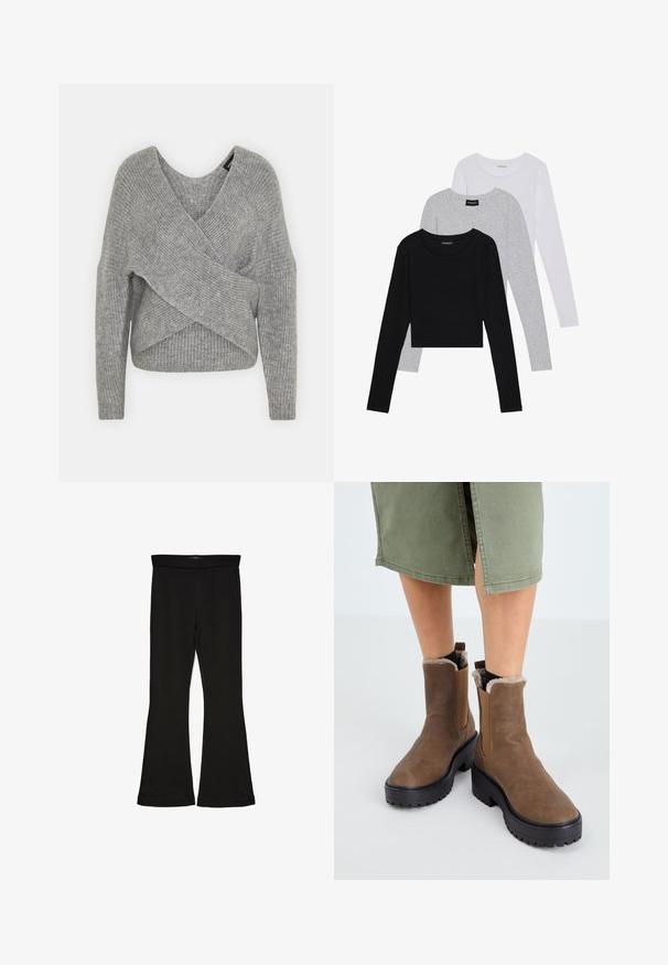 Suéter cinza envolvente com um decote em V profundo, mangas longas e textura canelada. Feito de um material de malha suave com um design assimétrico em camadas.; Três camisetas de manga longa empilhadas: preta, cinza e branca. Cada uma tem um decote redondo e um design cropped, feitas de um tecido leve e suave.; Leggings pretos em flare feitos de um tecido elástico. Apresentam uma cintura larga e uma textura suave, com um silhueta ajustada que se alarga na bainha.; Botas de tornozelo castanhas em couro com sola de borracha, forro peludo e inserções laterais elásticas. Apresenta um salto bloco baixo e uma textura suave.