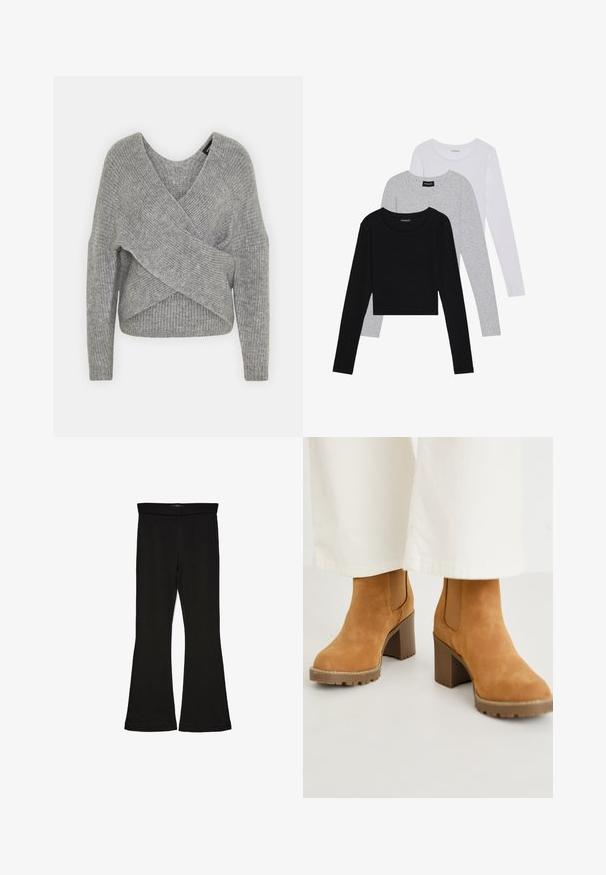 Grå indpakningssweater med dyb V-udskæring, lange ærmer og ribbet tekstur. Fremstillet i et blødt strikkemateriale med et lagdelt, asymmetrisk design.; Tre langærmede toppe stablet: sort, grå og hvid. Hver har en rund halsudskæring og et cropped design med glat, let stof.; Sorte flared leggings lavet af strækbart stof. Har en bred talje og en glat tekstur, med en tætsiddende silhuet der bredder sig ved sømmen.; Tan ruskindsankelstøvler med en kraftig blokhælhøj, der har elastiske sidepaneler og en robust sål for godt greb. Textureret overdel med syninger.