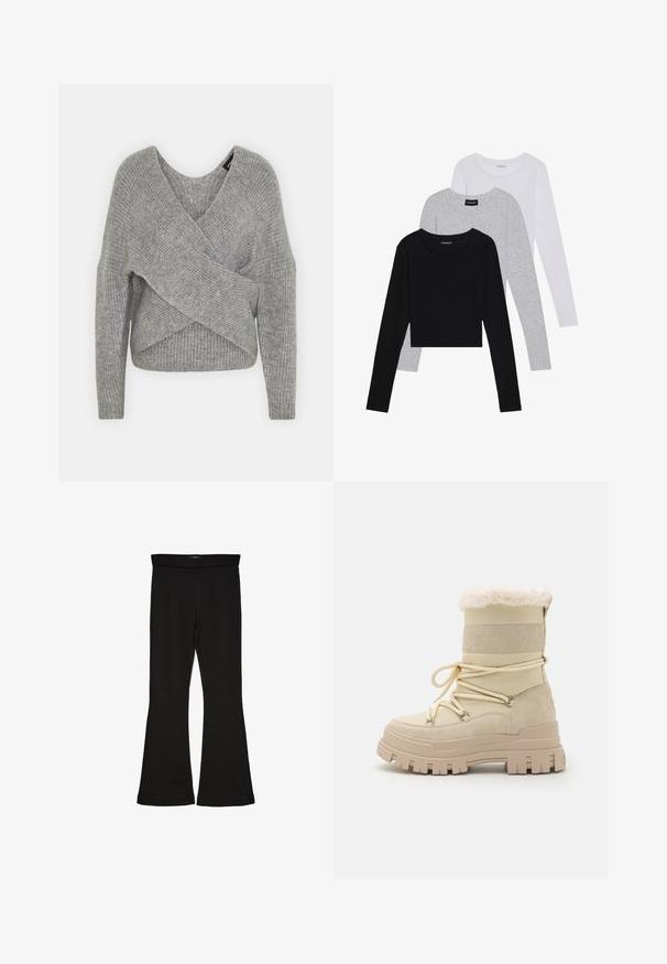 Grijze wikkeltrui met een diepe V-hals, lange mouwen en ribbelstructuur. Gemaakt van een zachte gebreide stof met een gelaagd, asymmetrisch ontwerp.; Drie langmouwige tops gestapeld: zwart, grijs en wit. Elke top heeft een ronde halslijn en een cropped ontwerp van soepel, lichtgewicht materiaal.; Zwarte flare leggings gemaakt van rekbaar materiaal. Beschikt over een brede tailleband en een zachte textuur, met een getailleerd silhouet dat uitloopt bij de zoom.; Beige enkellaarsjes met een fluffige boord, bovenwerk van suède en textiel, vooraan veters met metalen haken en een dikke, robuuste zool.