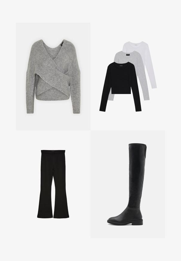 Pilkas aptraukiamas megztinis su giliu V formos iškirpimu, ilgomis rankovėmis ir riešutiniu tekstūru. Pagamintas iš minkštos megztos medžiagos su sluoksniuota, asimetrine konstrukcija.; Trijų ilgomis rankovėmis marškinėlių krūva: juodas, pilkas ir baltas. Kiekvienas turi apvalų iškirpimą ir trumpą dizainą, pagamintas iš lygaus, lengvo audinio.; Juodos flared tipo legginsai, pagaminti iš tamprios medžiagos. Yra platus juosmuo ir lygus paviršius, su prie kūno priglundančiu siluetu, kuris pločiasi ties apatine dalimi.; Juodos aukštos virš kelių botai, pagaminti iš lygios dirbtinės odos, su apvaliu nosiu, žemu blokuotu kulnu ir kontrastingomis siūlėmis viršutiniame krašte.