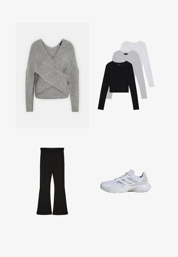 Hallide hallhargus, sügava V-kaelusega, pikkade varrukatega ja ribatrepiga. Valmistatud pehmest kudumismetallist, millel on kihiline, asümmeetriline disain.; Kolm pikkade varrukatega toppi, mis on üksteise peale asetatud: must, hall ja valge. Igal ühel on ümar kaelus ja lühike disain, valmistatud siledast, kergekaalulisest kangast.; Mustad mustad sääred, mis on valmistatud venivast kangast. Omab laia vööd ja siledat tekstuuri, sobituv siluett, mis laieneb allservas.; Valge sportlik jõusaabaste jaoks hingav võrkkangas, hõbedased detailid, pehme talla ja kindel seotud süsteem. Külgedel tekstureeritud paneelid.