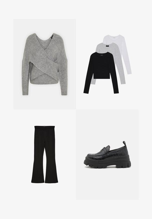 Gray wrap sweater with a deep V-neck, long sleeves, and ribbed texture. Made from a soft knit material with a layered, asymmetrical design.; Three long-sleeve tops stacked: black, grey, and white. Each has a round neckline and a cropped design with smooth, lightweight fabric.; Black flare leggings made from stretchy fabric. Features a wide waistband and a smooth texture, with a fitted silhouette that flares at the hem.; Buffalo ASPHA LOAFER - Slip-ons - black